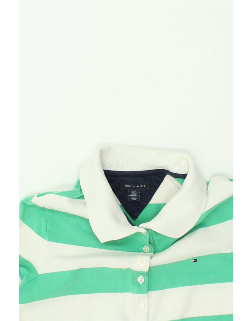 TOMMY HILFIGER Womens Polo Shirt UK 10 Small Green Striped Cotton | Vintage Tommy Hilfiger | Thrift | Second-Hand Tommy Hilfiger | Used Clothing | Messina Hembry 