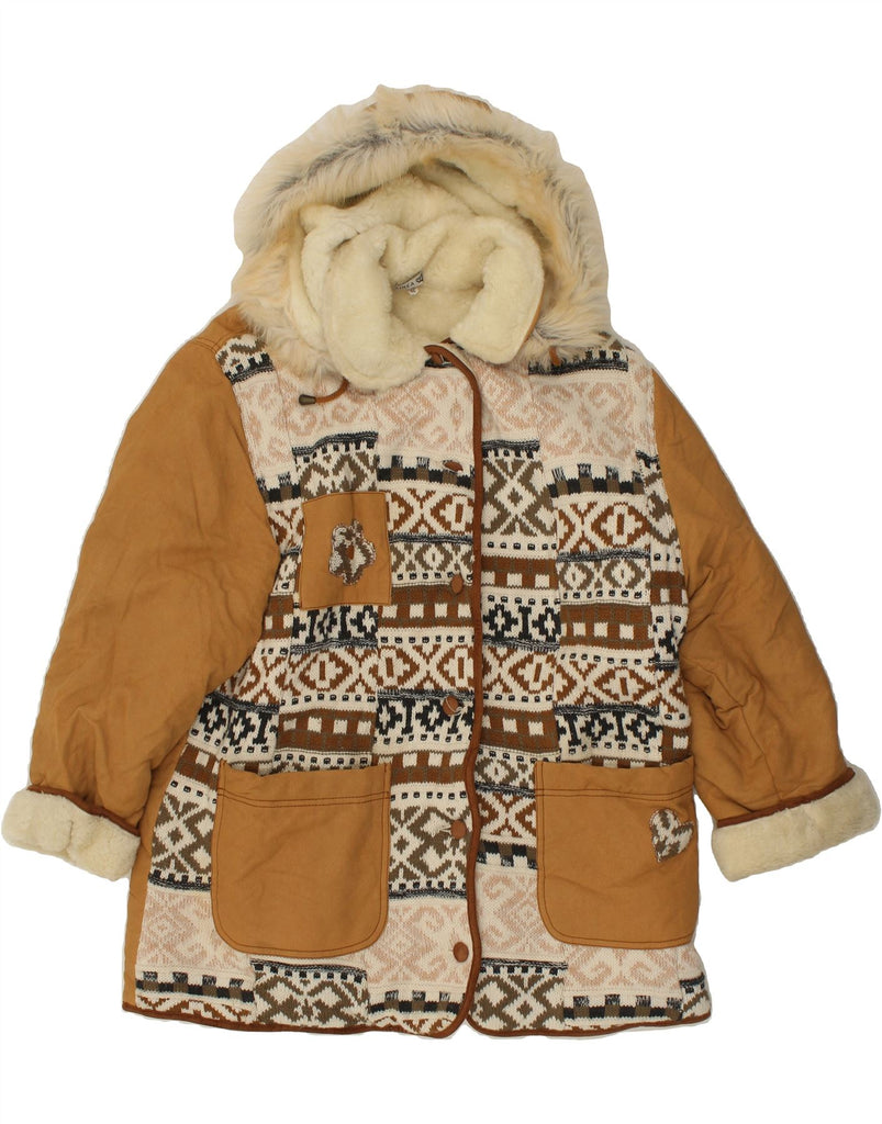 VINTAGE Womens Hooded Shearling Jacket IT 46 Large Beige Fair Isle | Vintage Vintage | Thrift | Second-Hand Vintage | Used Clothing | Messina Hembry 