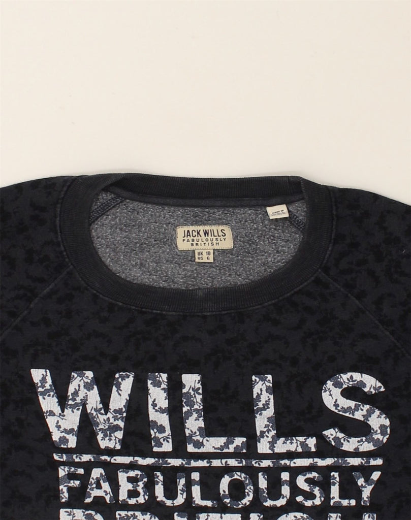 JACK WILLS Womens Graphic Hoodie Jumper UK 10 Small  Navy Blue Floral | Vintage Jack Wills | Thrift | Second-Hand Jack Wills | Used Clothing | Messina Hembry 