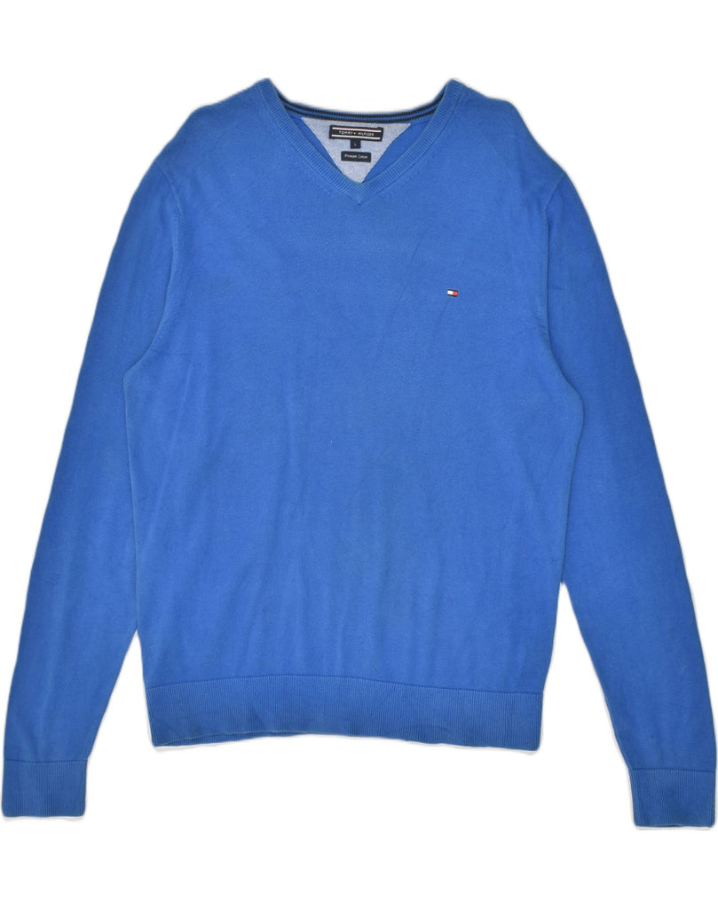 TOMMY HILFIGER Mens V-Neck Jumper Sweater Large Blue Cotton | Vintage Tommy Hilfiger | Thrift | Second-Hand Tommy Hilfiger | Used Clothing | Messina Hembry 