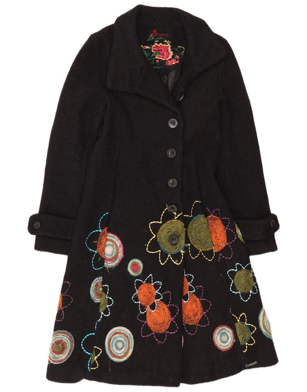 Desigual Womens Graphic Overcoat EU 38 Medium Black Floral Viscose
