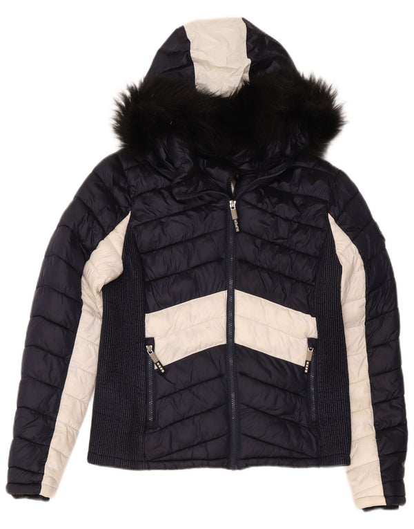 Superdry Womens Hooded Padded Jacket UK 14 Large Navy Blue Colourblock