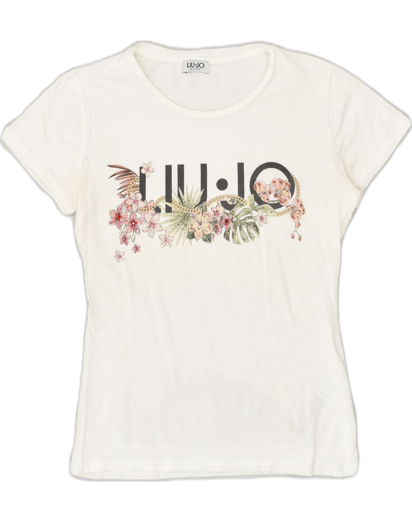 LIU JO Womens Graphic T-Shirt Top UK 6 XS White Cotton | Vintage Liu Jo | Thrift | Second-Hand Liu Jo | Used Clothing | Messina Hembry 