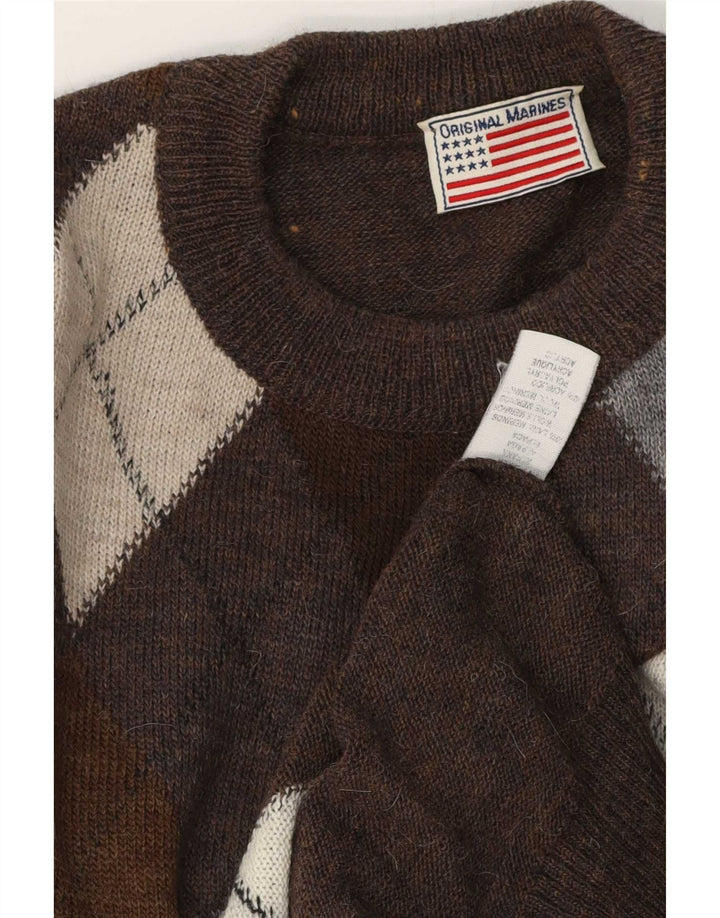 Vintage Mens Crew Neck Jumper Sweater Large Brown Argyle/Diamond