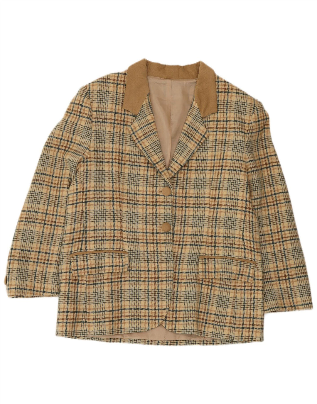 Vintage Womens 2 Button Blazer Jacket UK 14 Large Beige Houndstooth