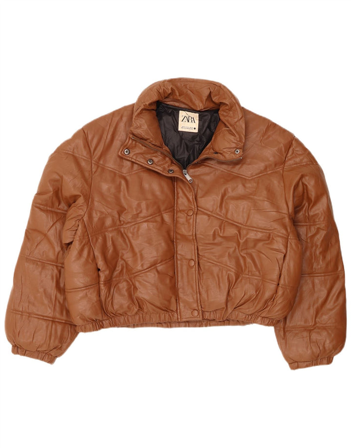 Zara Womens Oversized Faux Leather Padded Jacket UK 18 XL Brown Polyester