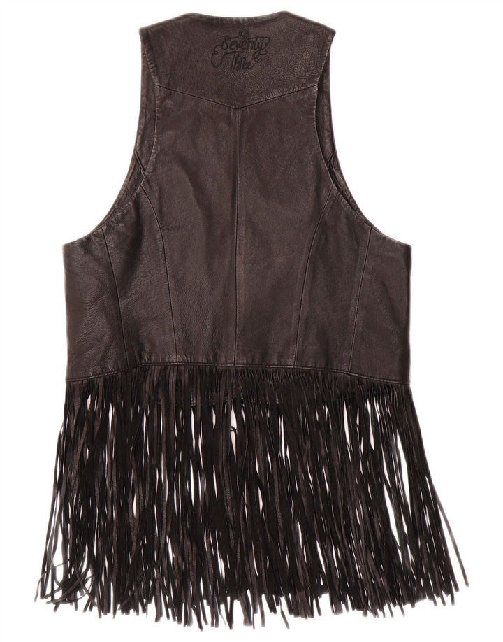 PEPE JEANS Womens Leather Waistcoat UK 10 Small Black Leather Cowboy