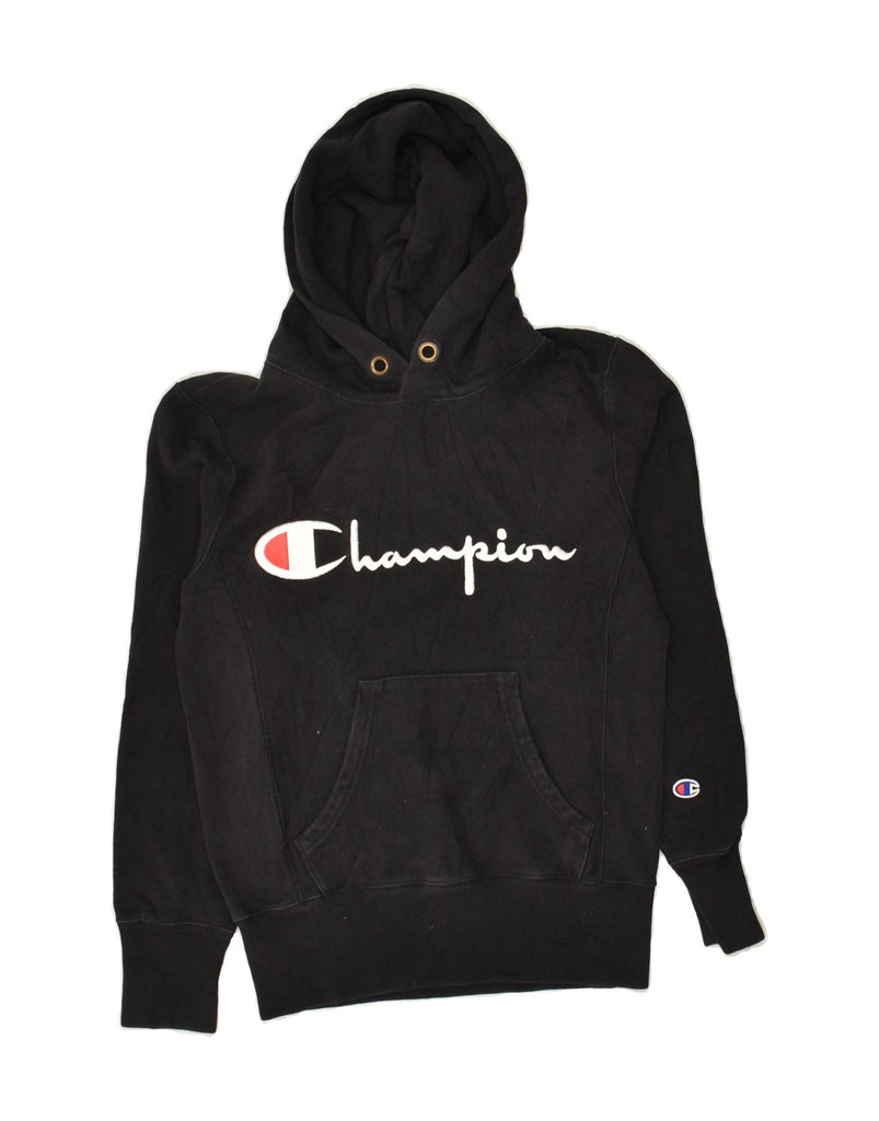 CHAMPION Womens Oversized Graphic Hoodie Jumper UK 6 XS Black Cotton | Vintage Champion | Thrift | Second-Hand Champion | Used Clothing | Messina Hembry 