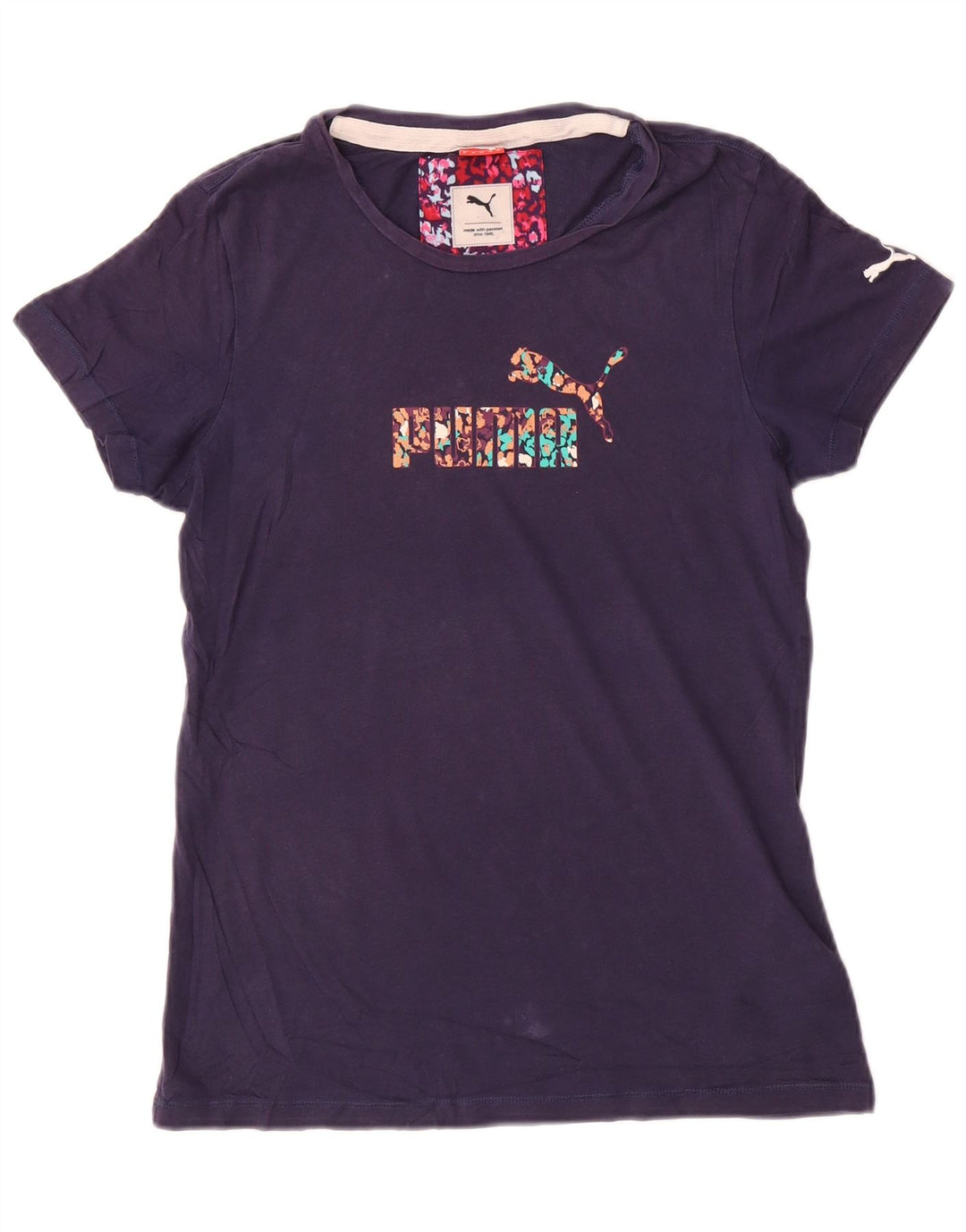 Puma Womens Graphic T-Shirt Top UK 12 Medium Navy Blue Cotton