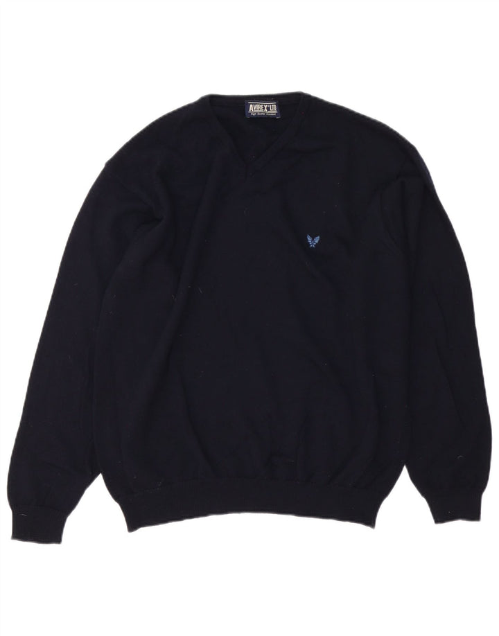 Avirex Mens V-Neck Jumper Sweater Medium Navy Blue Merino Wool