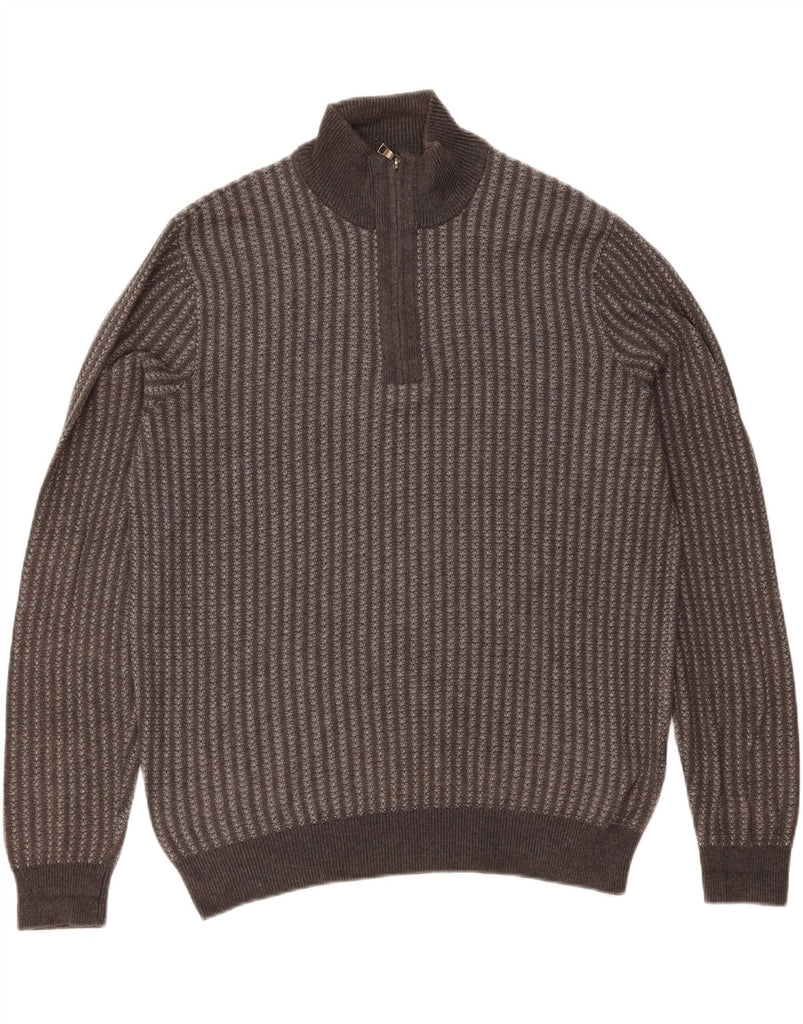 MARKS & SPENCER Mens Zip Neck Jumper Sweater Medium Grey Striped Cotton Vintage Marks & Spencer and Second-Hand Marks & Spencer from Messina Hembry 