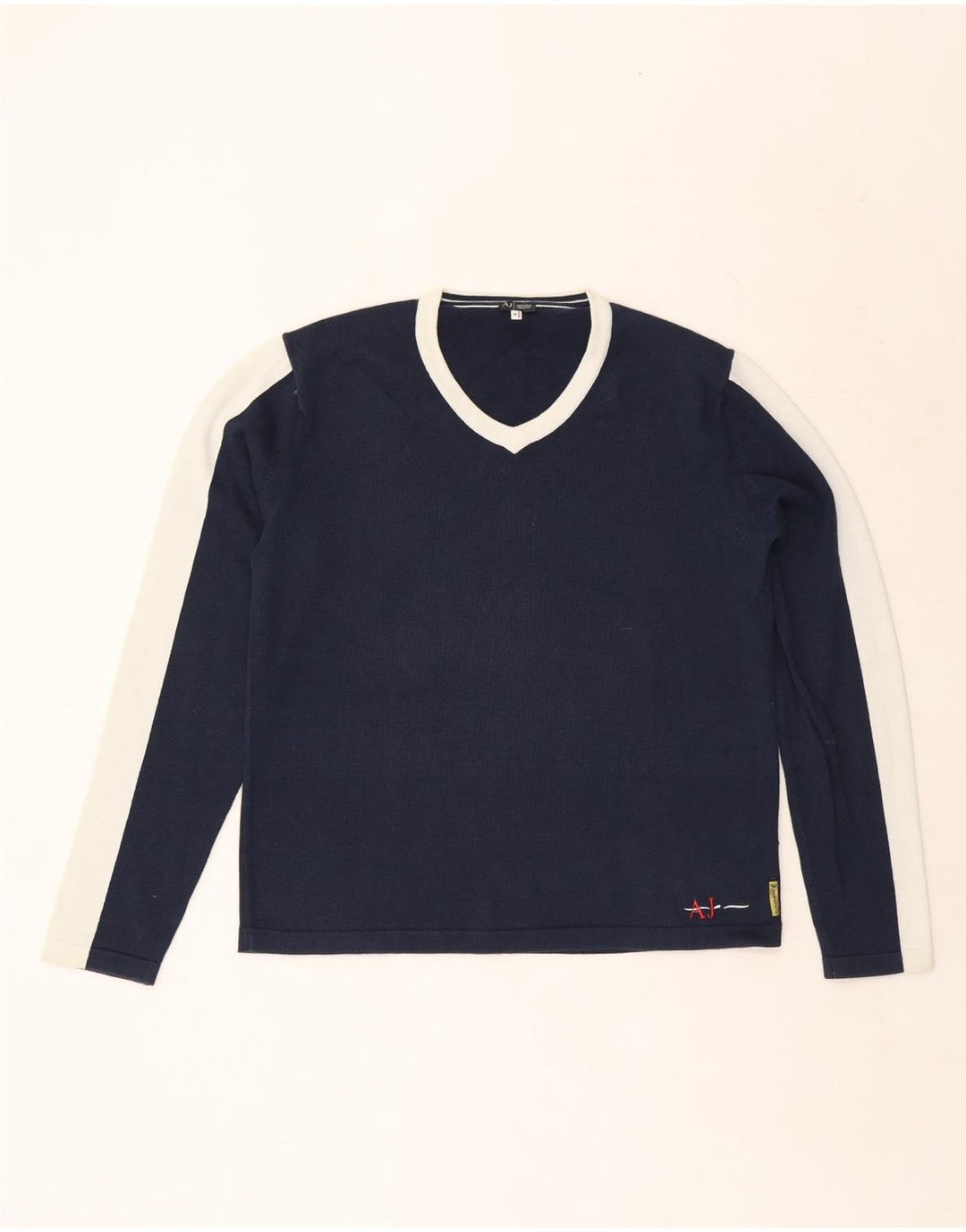 Armani Mens V-Neck Jumper Sweater Medium Navy Blue Colourblock Cotton