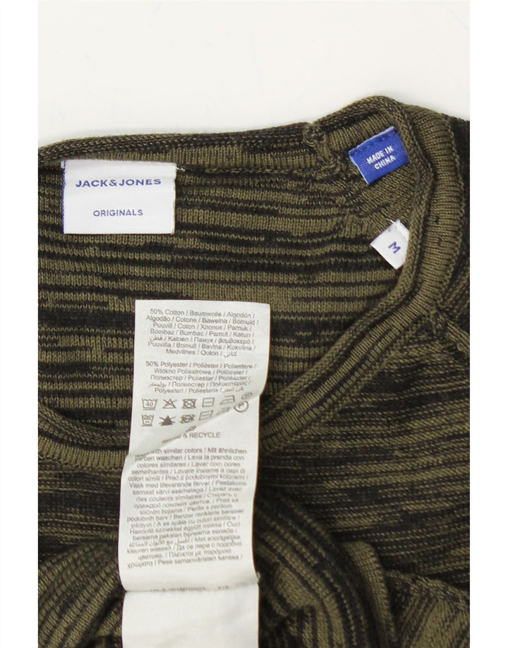 JACK & JONES Mens Crew Neck Jumper Sweater Medium Khaki Striped Cotton Vintage Jack & Jones and Second-Hand Jack & Jones from Messina Hembry 