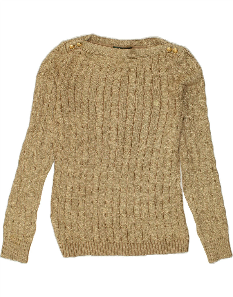 RALPH LAUREN Womens Boat Neck Jumper Sweater UK 14 Medium Gold Cotton | Vintage Ralph Lauren | Thrift | Second-Hand Ralph Lauren | Used Clothing | Messina Hembry 