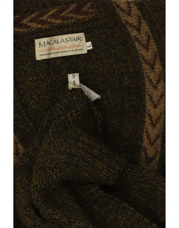 Macalastair Mens V-Neck Jumper Sweater Large Khaki Geometric Wool