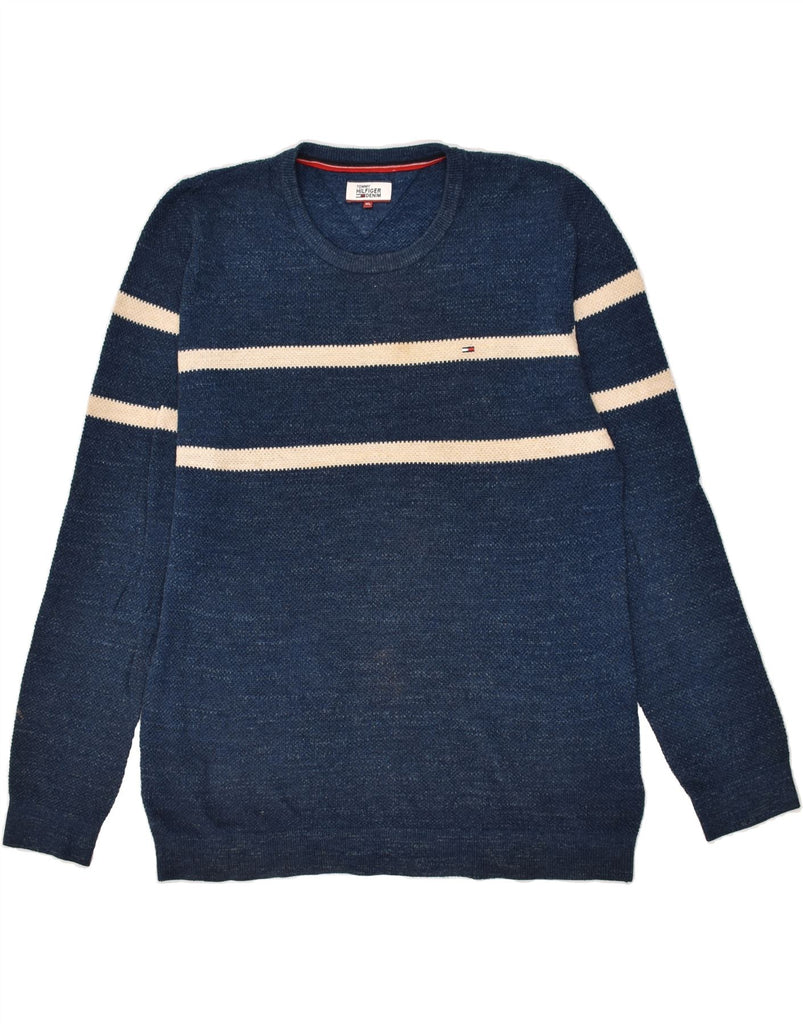 TOMMY HILFIGER Mens Crew Neck Jumper Sweater XL Navy Blue Striped Cotton | Vintage Tommy Hilfiger | Thrift | Second-Hand Tommy Hilfiger | Used Clothing | Messina Hembry 