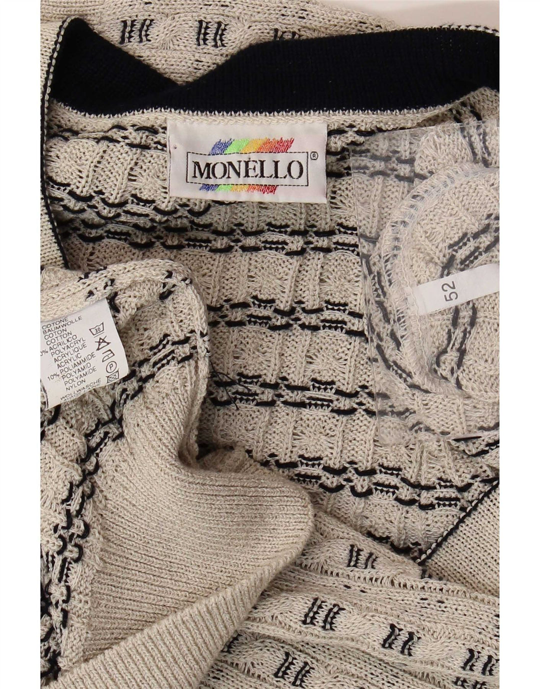 Monello Mens V-Neck Jumper Sweater IT 52 Large Beige Striped Cotton