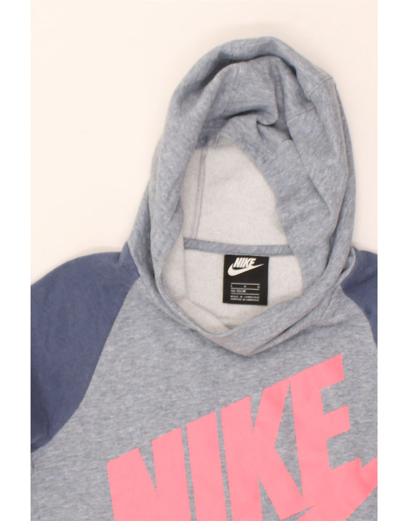 NIKE Girls Graphic Hoodie Jumper 12-13 Years Large Grey Colourblock Cotton | Vintage Nike | Thrift | Second-Hand Nike | Used Clothing | Messina Hembry 