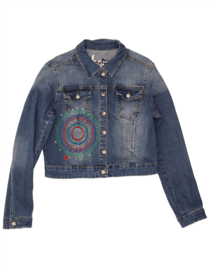 Desigual Womens Graphic Crop Denim Jacket EU 42 Large Blue Polyester