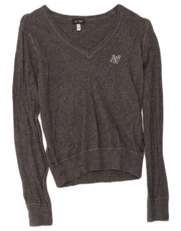 Armani Jeans Womens Crop V-Neck Jumper Sweater UK 12 Medium Grey Viscose