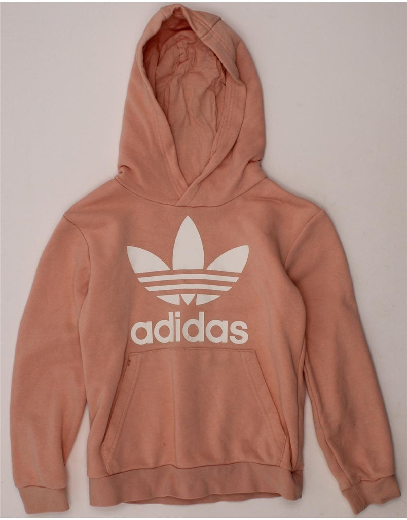 ADIDAS Girls Graphic Hoodie Jumper 7-8 Years Pink Cotton Vintage Adidas and Second-Hand Adidas from Messina Hembry 