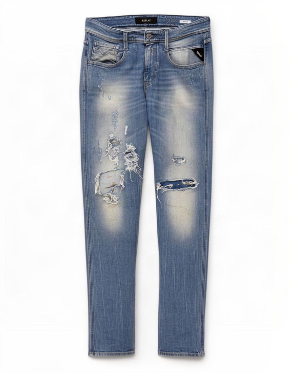 Replay Womens Anbass Distressed Slim Jeans W29 L32 Blue Cotton
