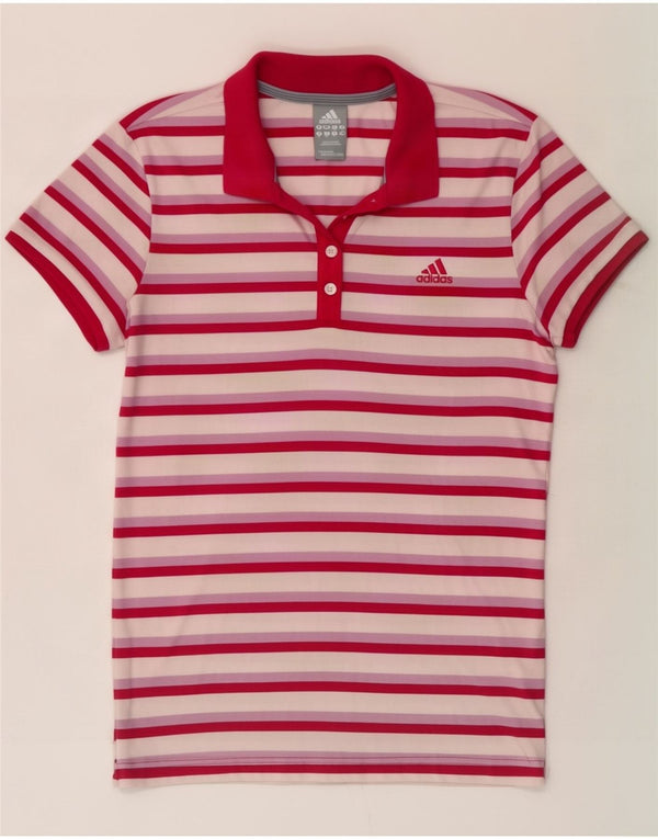 Adidas Womens Climalite Polo Shirt UK 12 Medium Pink Striped Cotton