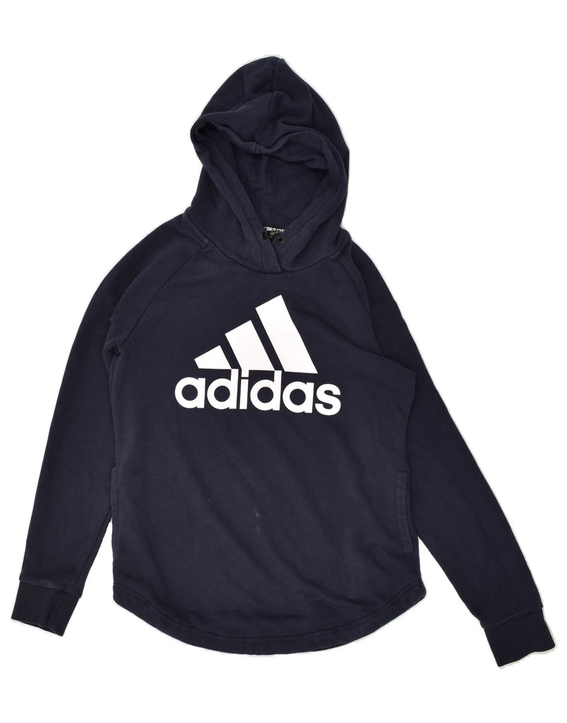 ADIDAS Womens Graphic Hoodie Jumper UK 8/10 Small Navy Blue Cotton | Vintage Adidas | Thrift | Second-Hand Adidas | Used Clothing | Messina Hembry 