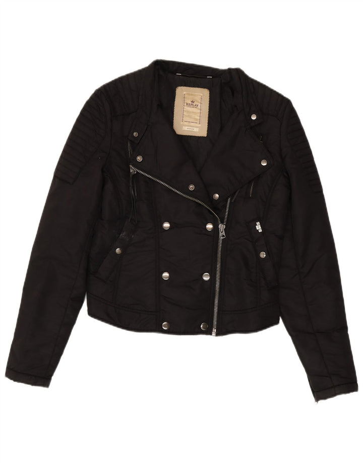 Replay Womens Crop Biker Jacket UK 12 Medium Black