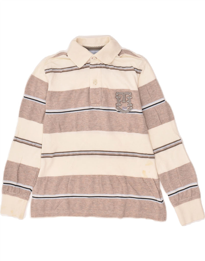 TOMMY HILFIGER Boys Long Sleeve Polo Shirt 7-8 Years Beige Striped Cotton | Vintage Tommy Hilfiger | Thrift | Second-Hand Tommy Hilfiger | Used Clothing | Messina Hembry 