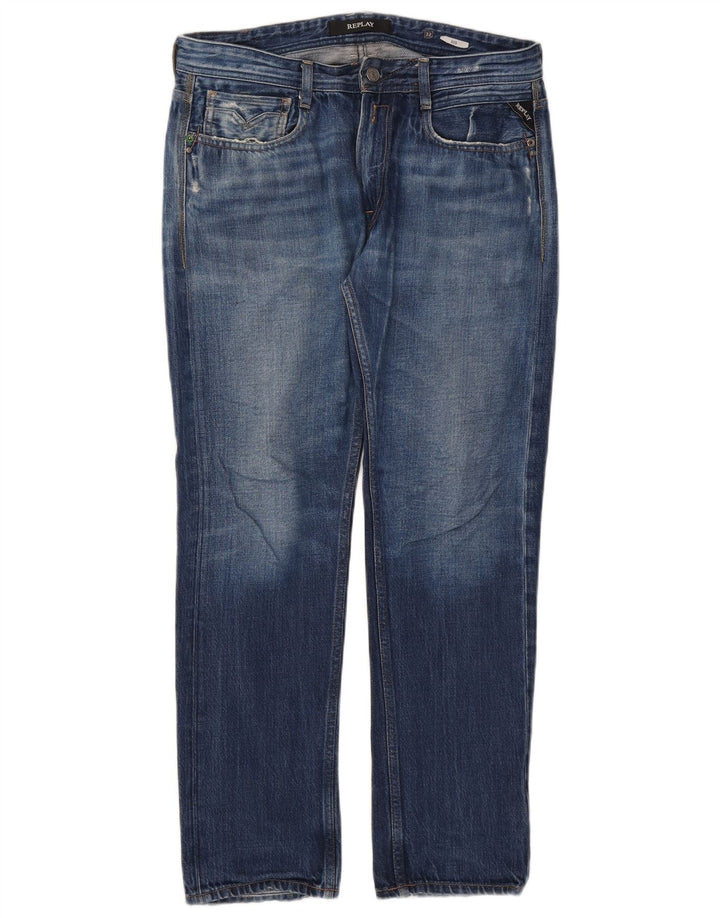 Replay Mens Rob Straight Jeans W32 L30 Blue Cotton