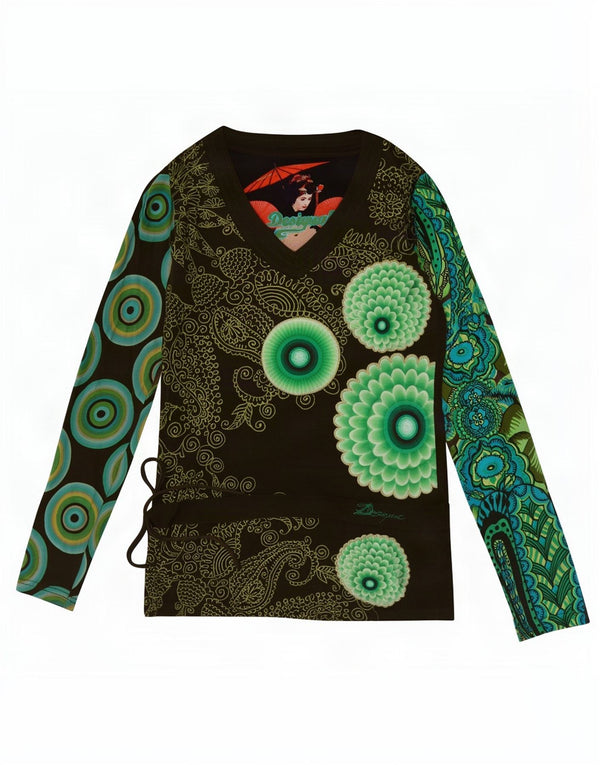 Desigual Womens Graphic Top Long Sleeve UK 10 Small Khaki Paisley Cotton
