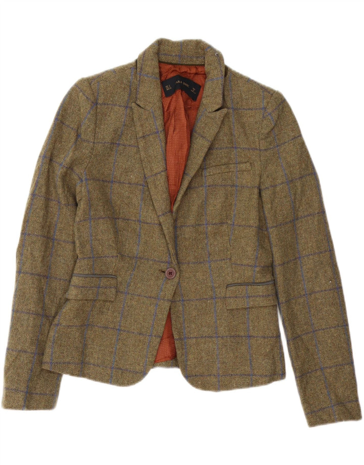 Zara Womens 1 Button Blazer Jacket UK 10 Small Khaki Check