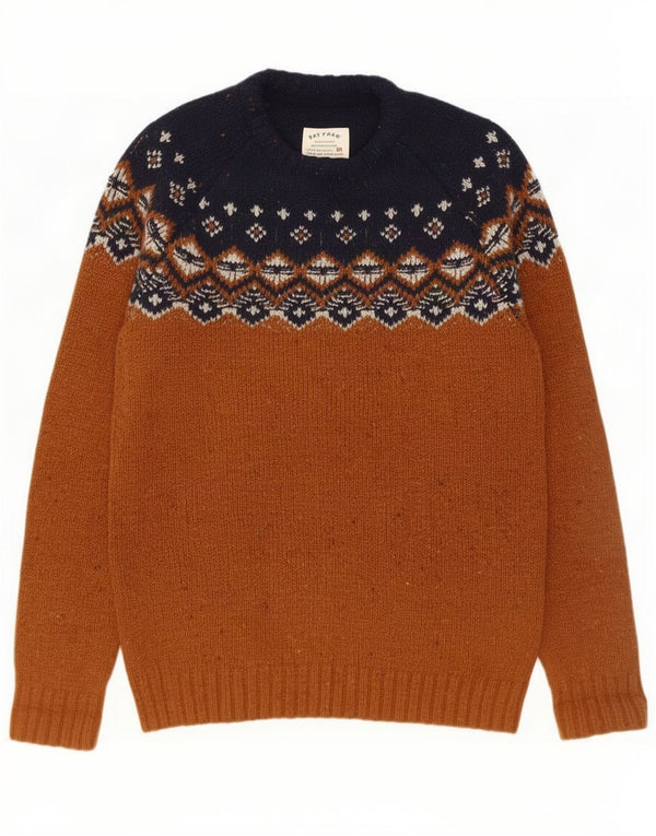 Fat Face Mens Crew Neck Jumper Sweater Small Brown Fair Isle Wool