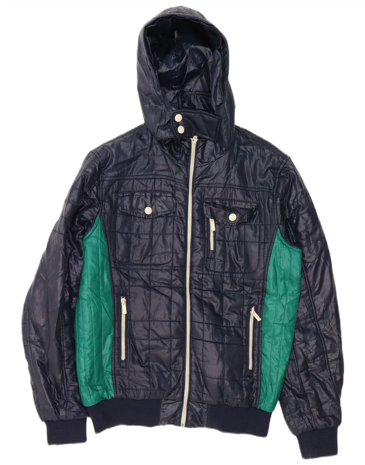 Jack & Jones Mens Hooded Padded Jacket UK 38 Medium Navy Blue Colourblock