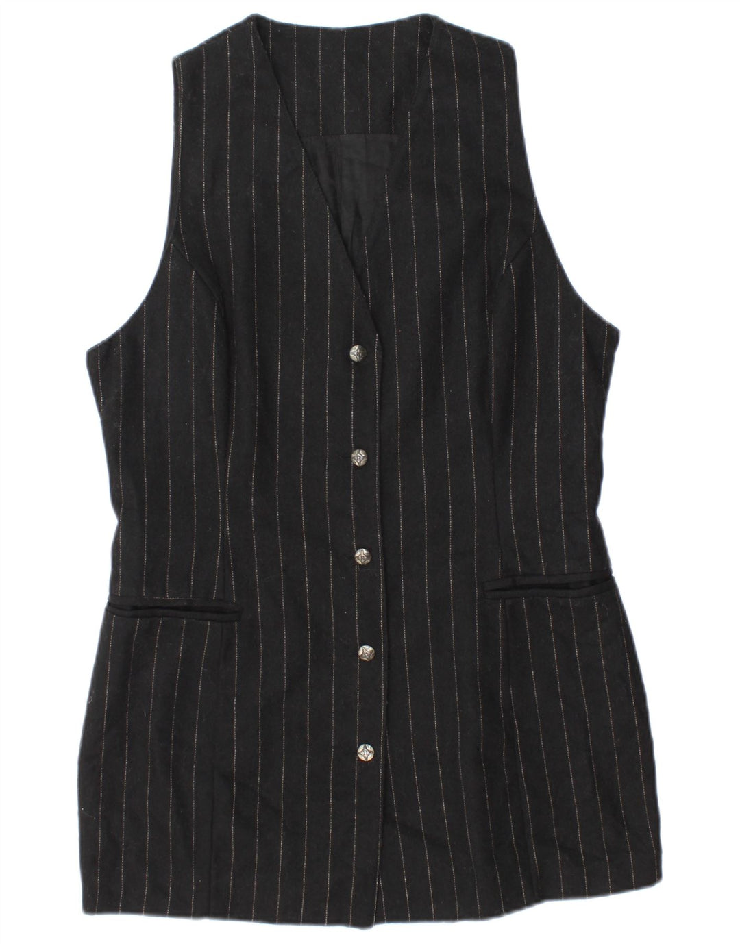 VINTAGE Womens 5 Button Blazer Jacket UK 12 Medium Black Pinstripe