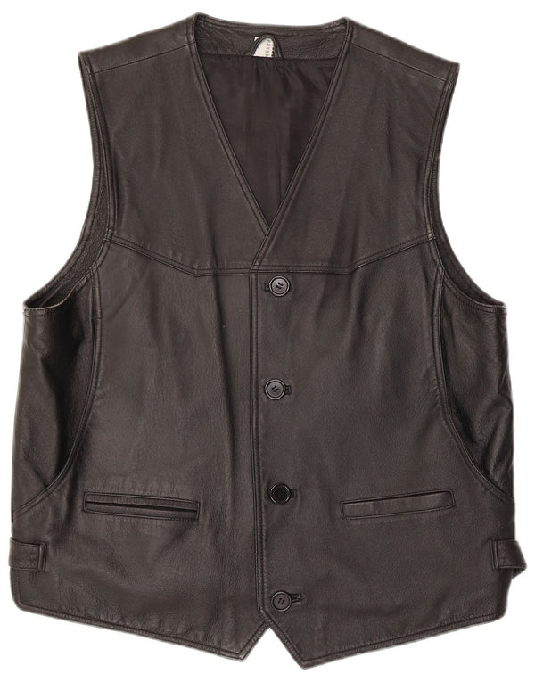 Vintage Mens Leather Waistcoat Medium Black Leather