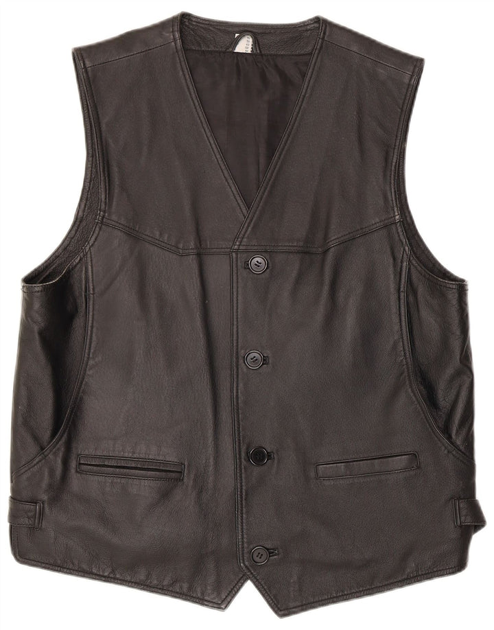 Vintage Mens Leather Waistcoat Medium Black Leather