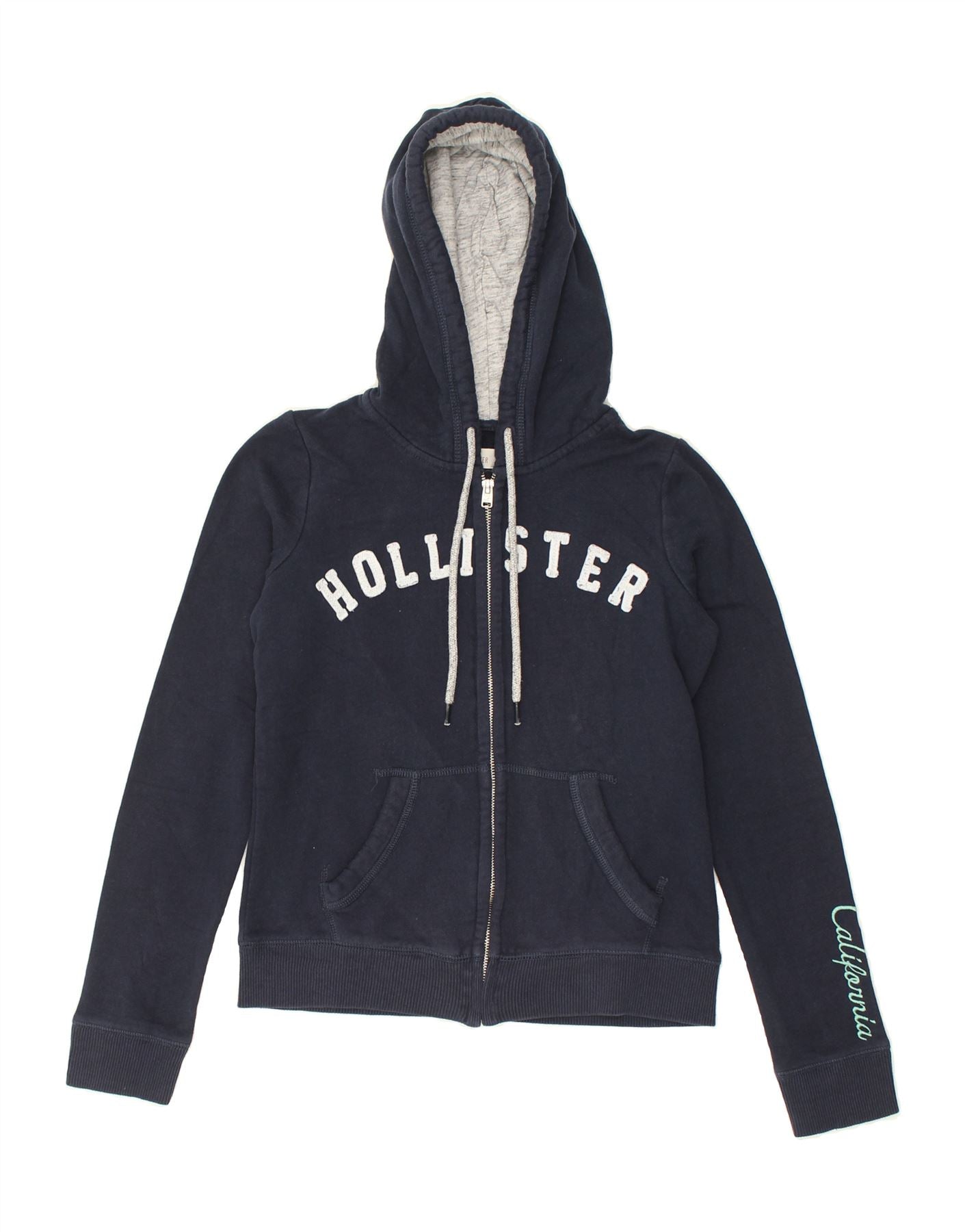 HOLLISTER Damen Graphic Zip Hoodie Sweater UK 10 Small Marineblau Baumwolle Vintage Second Hand Kleidung Online Messina Hembry