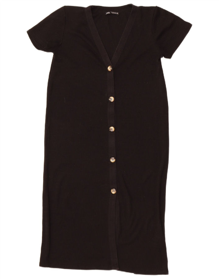 Zara Womens Longline Short Sleeve Cardigan Sweater UK 12 Medium Black