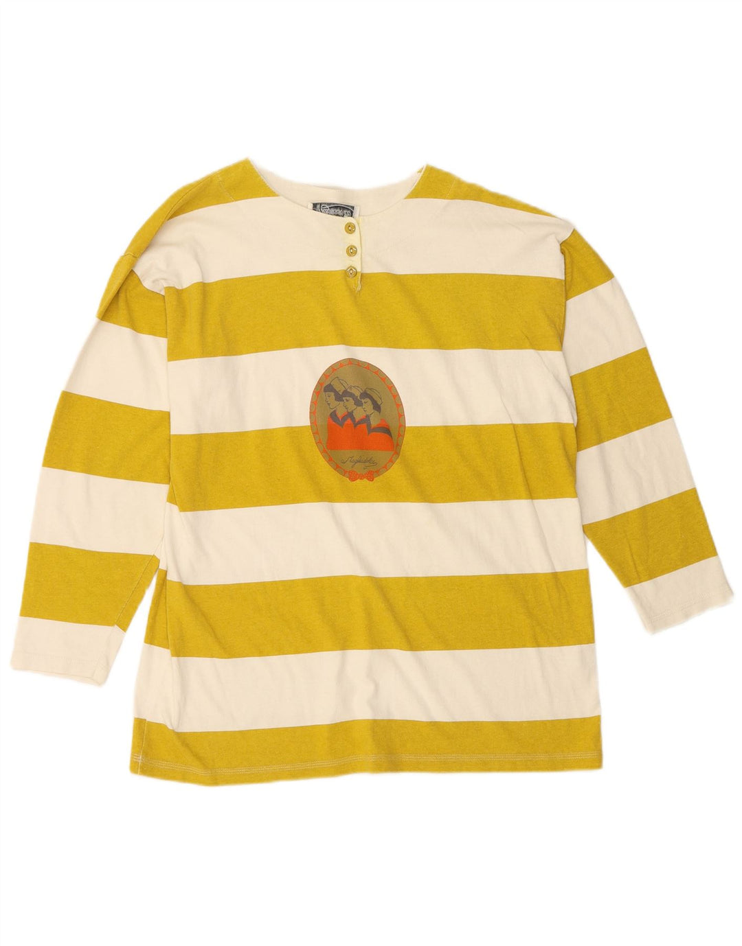 VINTAGE Womens Graphic Top Long Sleeve UK 14 Medium Yellow Striped Cotton