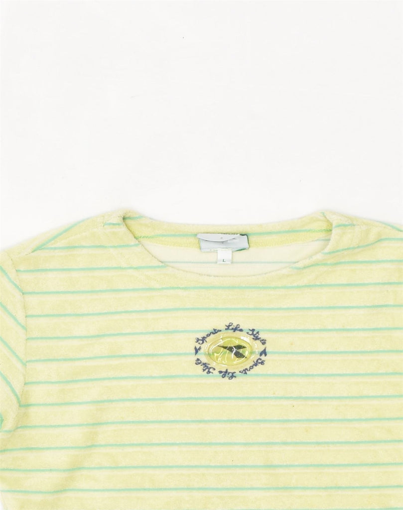 DIADORA Womens T-Shirt Top UK 16 Large Yellow Striped Cotton | Vintage Diadora | Thrift | Second-Hand Diadora | Used Clothing | Messina Hembry 