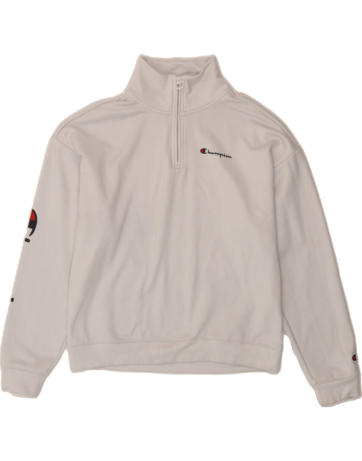 CHAMPION Womens Graphic Zip Neck Sweatshirt Jumper UK 16 Large White Vintage Champion and Second-Hand Champion from Messina Hembry 