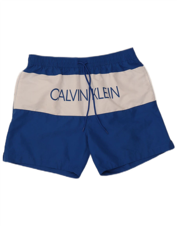 Calvin Klein Mens Graphic Swimming Shorts Large  Blue Colourblock Polyester