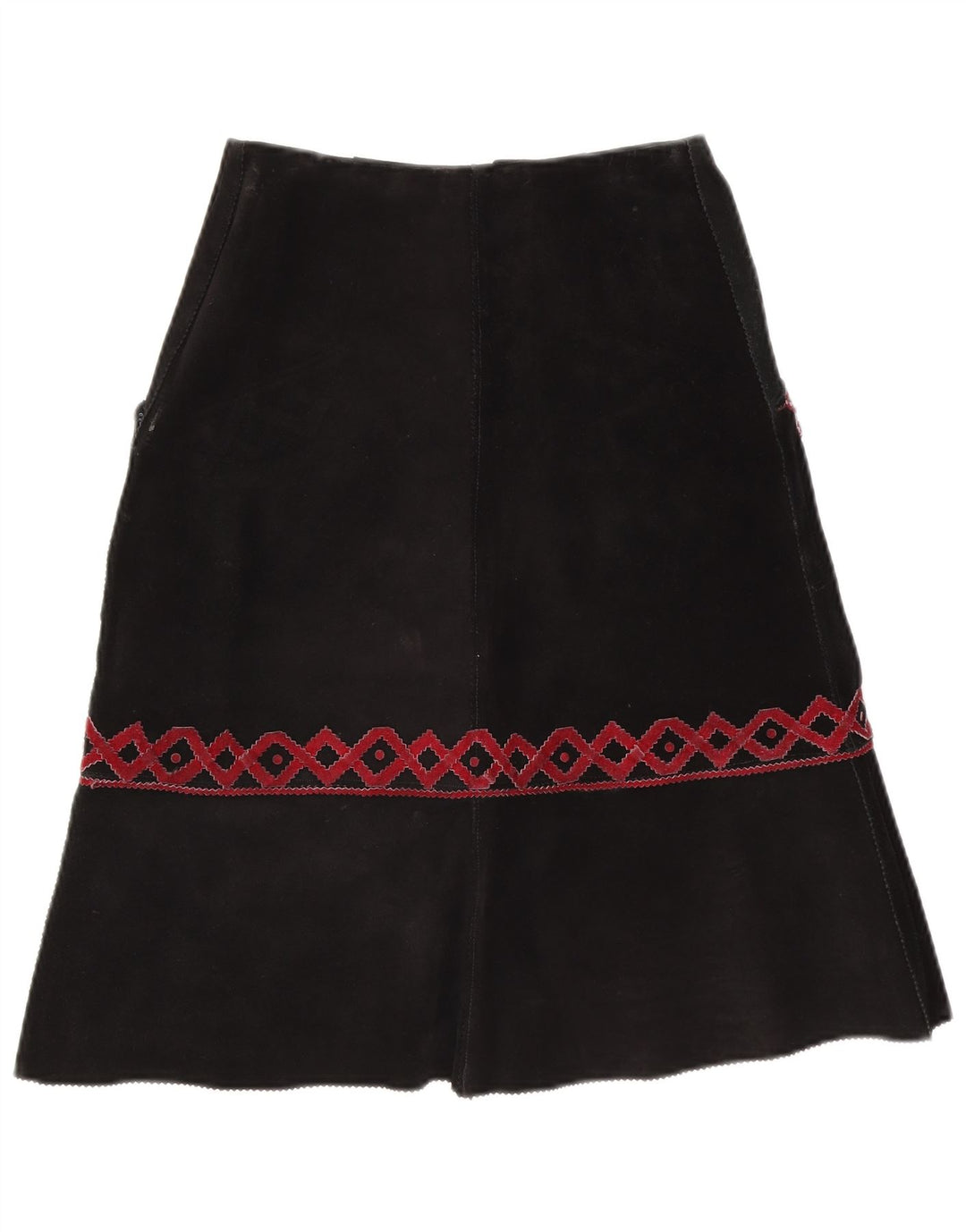 Vintage Womens Suede Midi Skirt W28 Medium Black Geometric