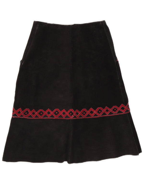 Vintage Womens Suede Midi Skirt W28 Medium Black Geometric