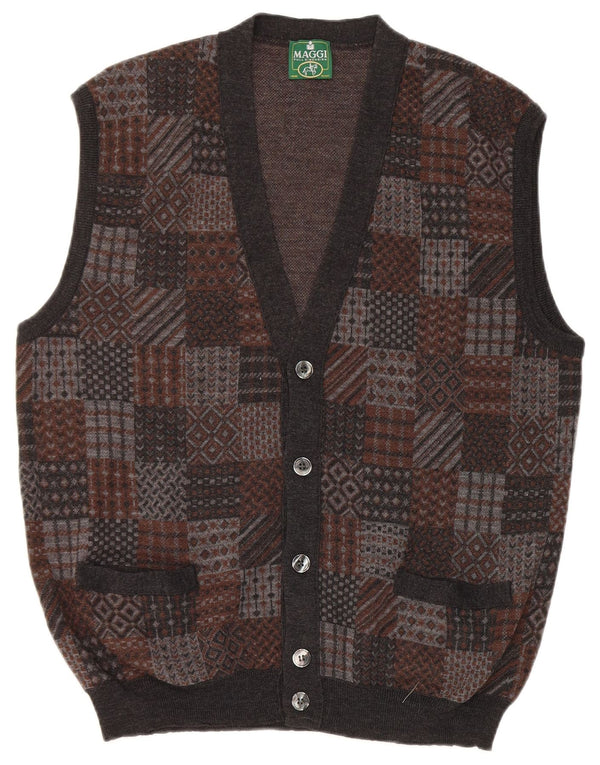 Vintage Mens Sleeveless Cardigan Sweater Medium Grey Geometric Virgin Wool