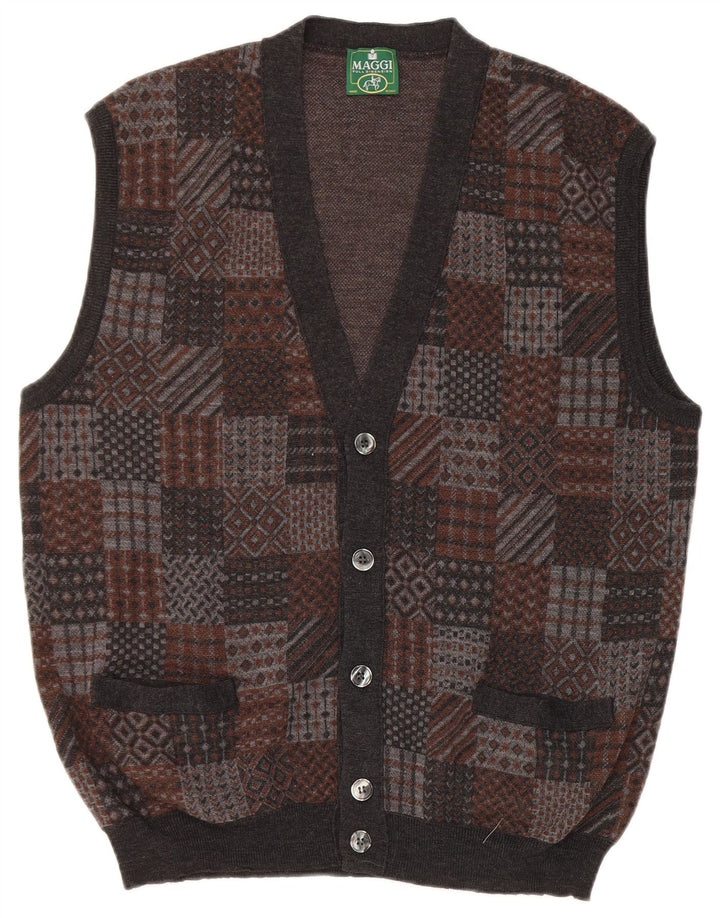 Vintage Mens Sleeveless Cardigan Sweater Medium Grey Geometric Virgin Wool