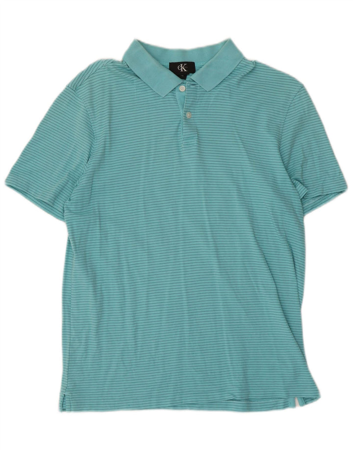 CALVIN KLEIN Mens Polo Shirt Medium Blue Striped Cotton