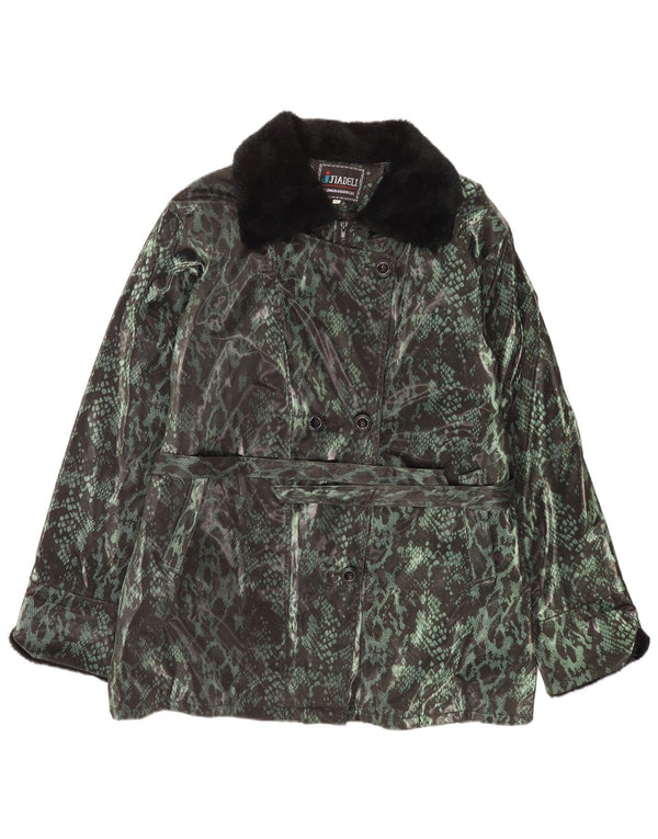 Vintage Womens Double Breasted Coat UK 18 XL Green Animal Print Polyester